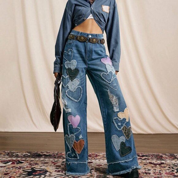 Blue Casual Women's patchwork Heart Pattern Washed Low-Rise Denim Jeans - Picture 5 of 7